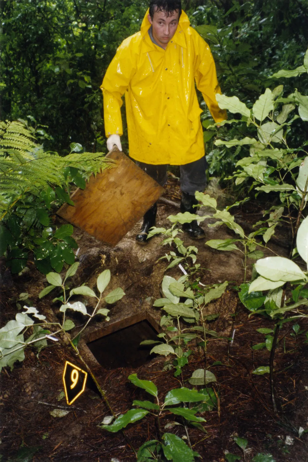 Tunnel gully; Detective Warren Olssen with bunker discovered by council workers laying baits for possums.