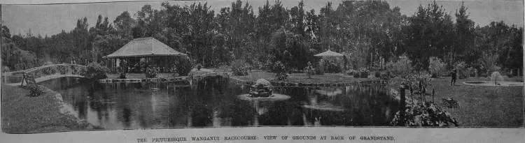 The picturesque Wanganui racecourse: view of grounds at back of grandstand