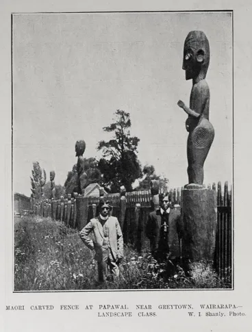 Image: MAORI CARVED FENCE AT PAPAWAI, NEAR GREYTOWN, WAIRARAPA.- LANDSCAPE CLASS