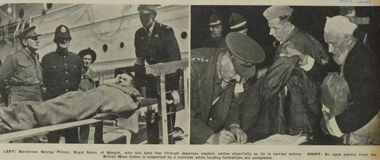 Former prisoners released from Japanese prison camps on a ship travelling via New Zealand