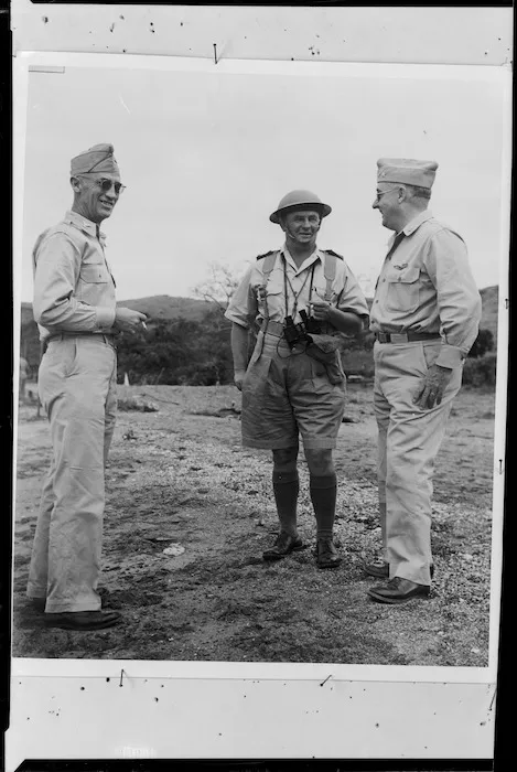 American Major General Rush B Lincoln, and his chief of staff Colonel Wilson, with New Zealand Brigadier L Potter, in the Pacific, during World War II