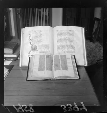 Image: Display of illuminated manuscripts, with the item at the back being Boethius' Consolatio Philosphiae (Consolation of Philosophy) from the Alexander Turnbull Library collections
