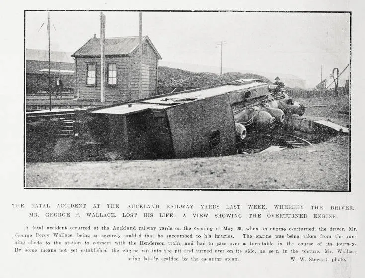 The fatal accident at the Auckland Railway Yards last week, whereby the driver, Mr. George P. Wallace, lost his life: a view showing the overturned engine