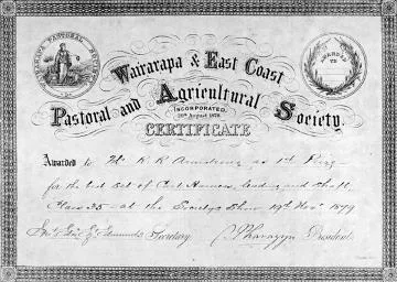 Certificate from Wairarapa and East Coast Pastoral and Agricultural Society show