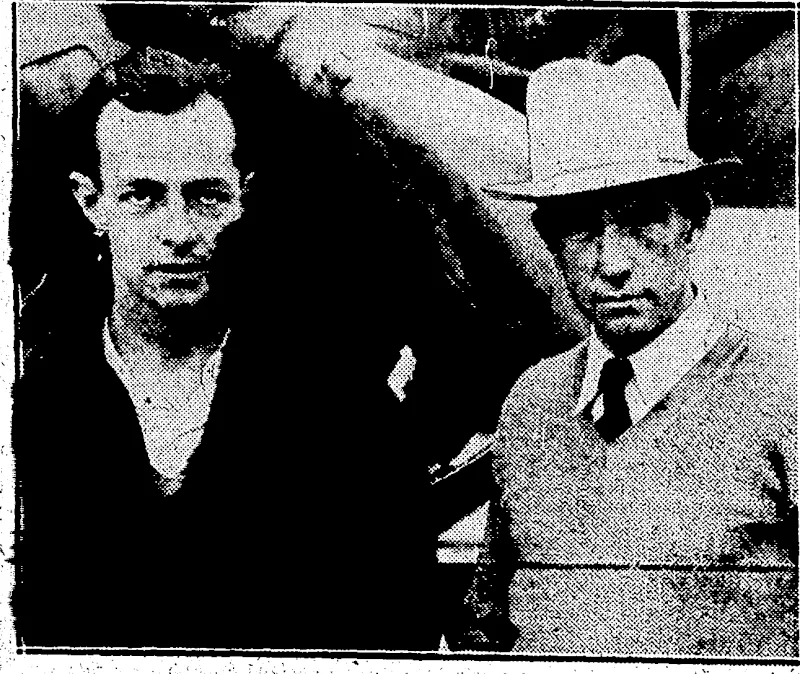 Daily-Mirror" Photo. WORLD FLYERS HELD UP IN JAPAN,—Hugh Herndon (left) and Clyde Pangborn, two American airmen who are lield up 'in Japan pending the issue of la permit allowing their departure on a return flight to America. (Evening Post, 10 September 1931)