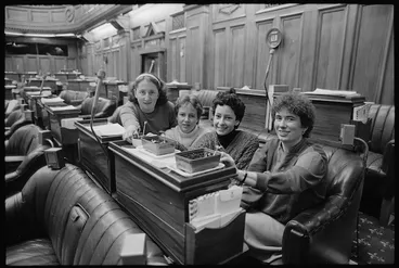 Image: MP Fran Wilde and children displaying bean experiment results - Photographed by Merv Griffiths