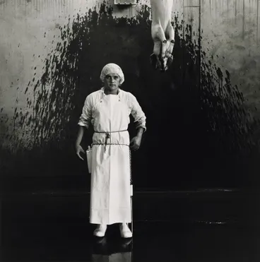 Image: Ronny Lewis, labourer, abattoir pig chain, Christchurch 1982. From the series: Working men