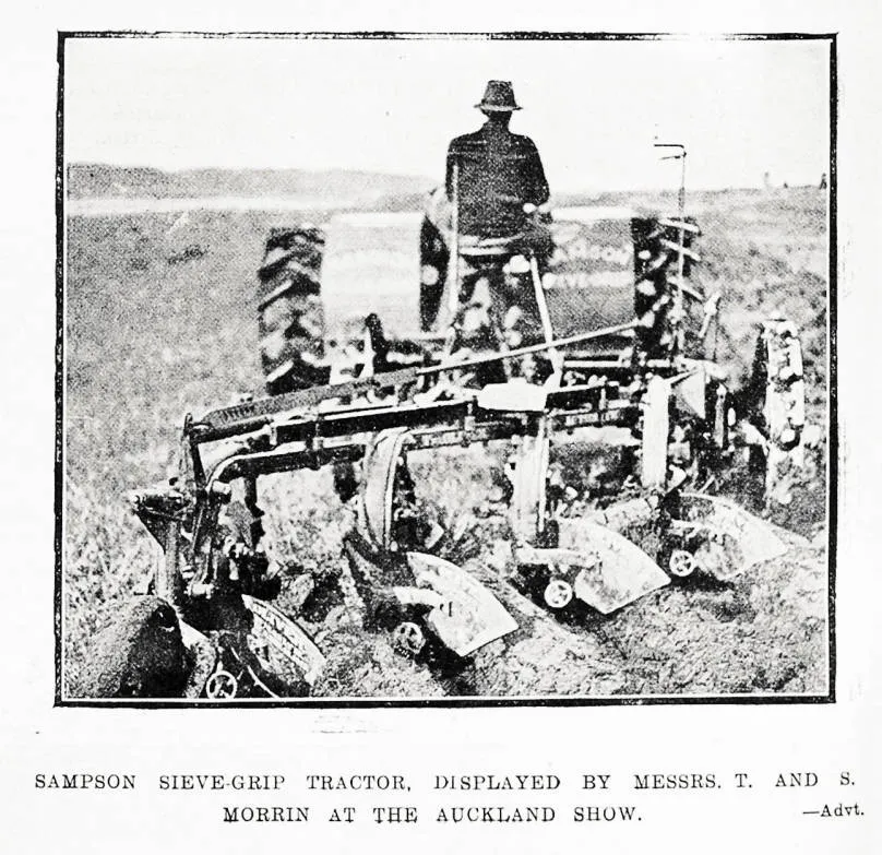 Sampson sieve-grip tractor, displayed by Messrs T and S Morrin at the Auckland Show