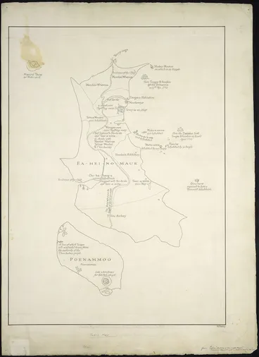 Image: New Zealand Department of Internal Affairs Centennial Publications Branch :Tuki's map [copy of ms map]. [ca.1940]. Originally by Tuki Te Terenui Whare Pirau, b. 1769?