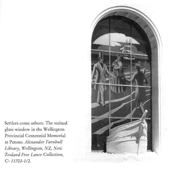 Image: Settlers come ashore. The stained glass window in the Wellington Provincial Centennial Memorial at Petone. Alexander Turnbull Library, Wellington, NZ, New Zealand Freelance Collection C-11703-1/2