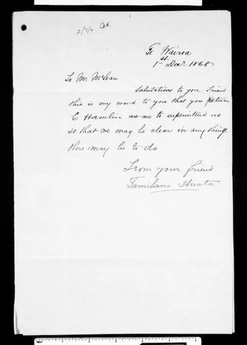 Letter from Tamihana Huata to McLean (with translation)