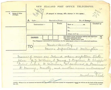 Image: Telegram re: White Island Eruption 1914
