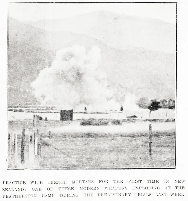 Practice with trench mortars for the first time in New Zealand: one of these modern weapons exploding at the Featherston Camp during the preliminary trials last week