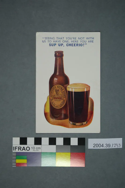 Postcard with a bottle and cup of Guinness