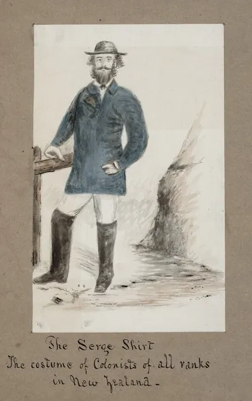 Image: Pearse, John, 1808-1882 :[Local personalities]. The serge shirt. The costume of colonists of all ranks in New Zealand. [1852-1856]