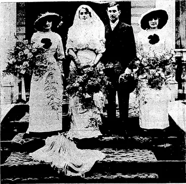 Image: v ~ ; Schmidt Studios, RALPH-NAPIER WEDDING. Miss Margaret Ralph (bridesmaid), Miss Rosie Ralph (bride), Mr Esmond Napier (bridegroom). Miss Rena Ralph (bridesmaid). (Observer, 27 March 1915)