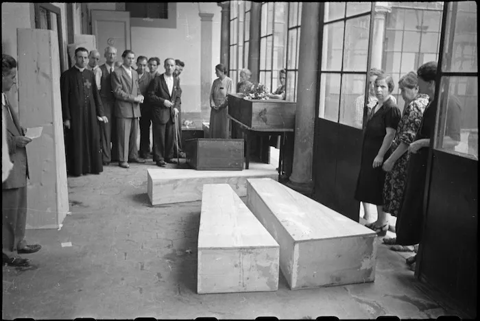 Coffins of German sniper victims in temporary morgue at San Felice Convent in southern Florence, Italy, World War II - Photograph taken by George Kaye