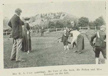 Image: Mrs R. A. Carr (putting), Mr Carr at the back, Mr Pollen and Miss Barstow on the left.
