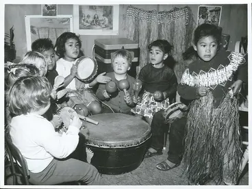 At the Logen Campbell Kindergarten in Auckland, the teacher leads her class in a music lesson Image: At the Logen Campbell Kindergarten in Auckland, the teacher leads her class in a music lesson