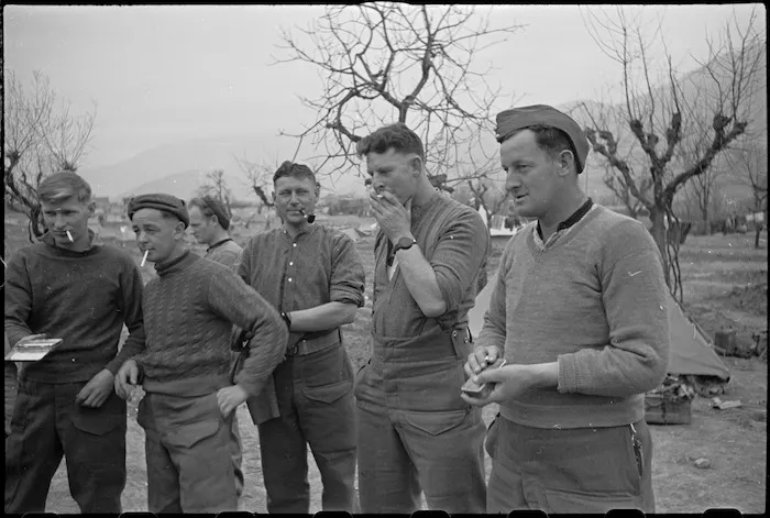 Front line NZ Infantry soldiers rest immediately behind the lines on the Cassino Front, Italy, World War II - Photograph taken by George Kaye
