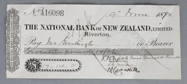 Image: Cheque, National Bank of New Zealand, James Eveleigh