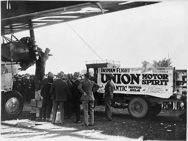 Image: Alongside the aeroplane Southern Cross, Woodbourne Airfield, Blenheim