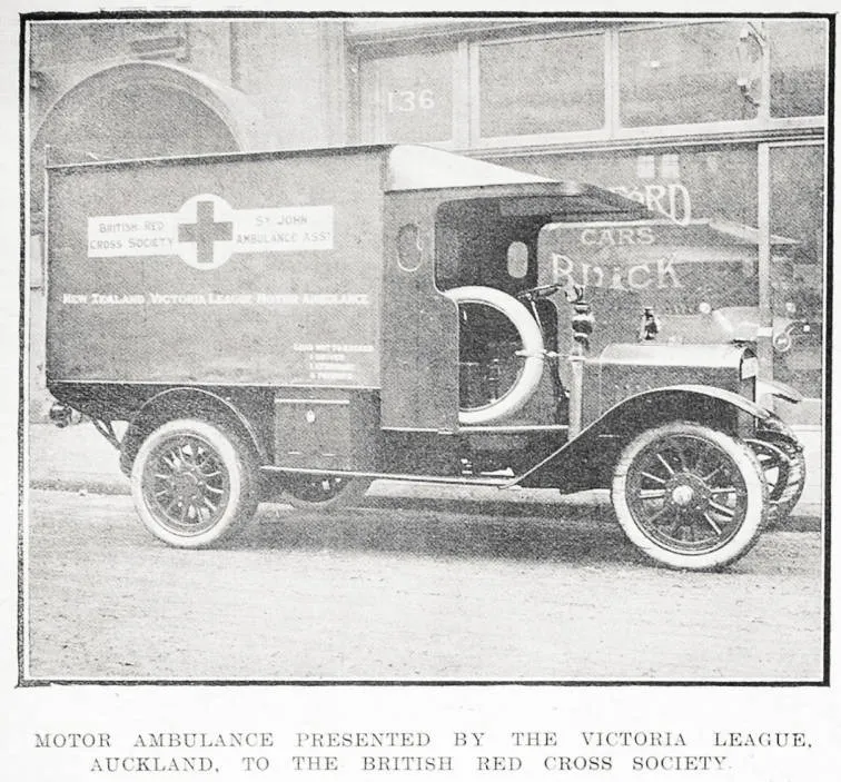Motor ambulance presented by the Victoria League, Auckland, to the British Red Cross Society