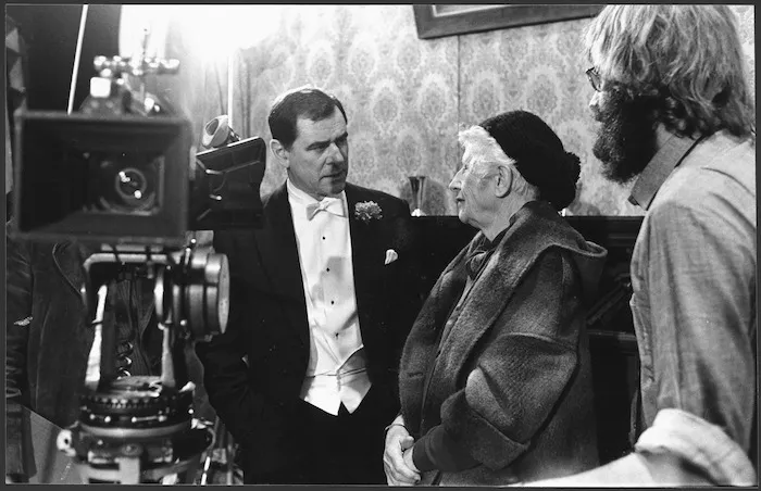 George Baker and Ngaio Marsh on the set of Ngaio Marsh's Vintage Murder