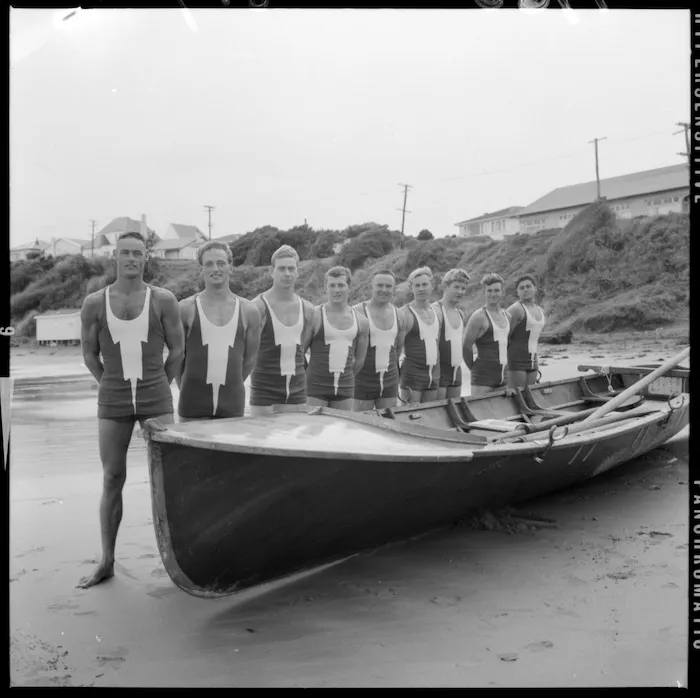Surf club oarsmen, Titahi Bay, Porirua, New Zealand