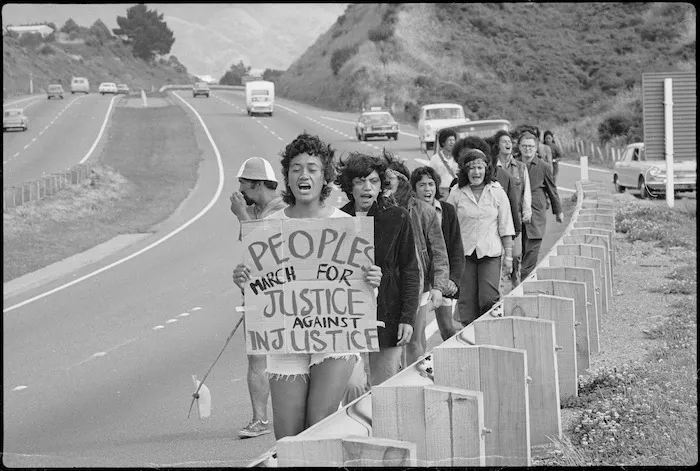 Maori land marchers walking down the motorway from Porirua to Wellington