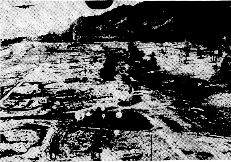 A formation of Mitchell bombers caught the Japanese stationed on^ the Dagua aerodrome in Neiv Guinea unawares and took a tremendous toll of enemy aircraft and other equipment. As the photograph shows, most of the planes were standing on the airstrip, some in the process of being serviced. (Evening Post, 04 March 1944)