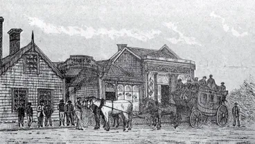 Image: Cobb & Co. Corner of Cashel and High Streets, 1872