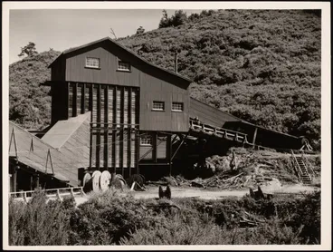 The mine entrance and 'surge' bins at Blackball Mine Image: The mine entrance and 'surge' bins at Blackball Mine