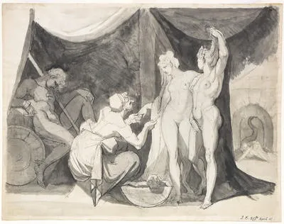 Amavia finds her knight, Sir Mordant, bewitched in Acrasia's Bower of Bliss