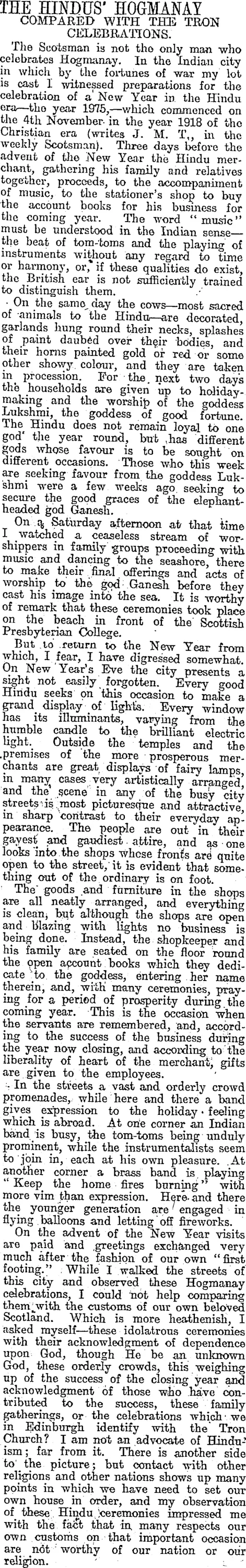 THE HINDUS' HOGMANAY (Otago Daily Times 11-3-1919)