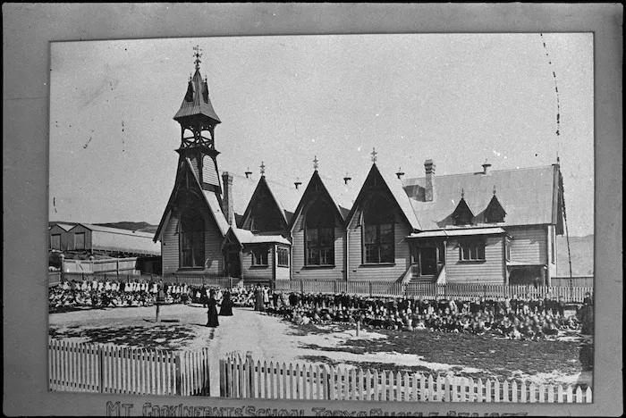 Pupils and teachers outside Mount Cook Infant School, Wellington