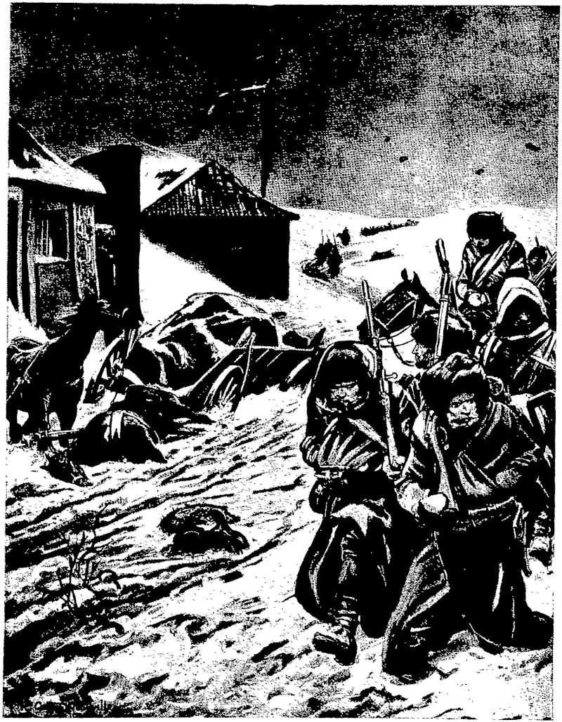 THE RUSSO-JAPANESE WAR: RUSSIAN TROOPS ON THEIR WEARISOME  AND TRYING MARCH TOWARDS KOREA.  In this view the advancing Russian troops are seen in the grip of "King Winter," for Russia has almost as trying a natural foe to fight .as she has in the rapidly concentrating troops of Japan.—Illustrated! London News. (Otago Witness, 04 May 1904)