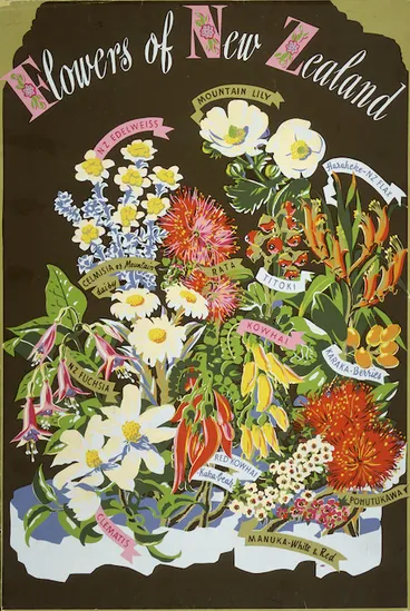Image: Artist unknown :Flowers of New Zealand. [Brown background. 1930s?]