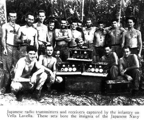Japanese radio transmitters and receivers captured by the infantry on Vella Lavella. These sets bore the insignia of the Japanese Navy