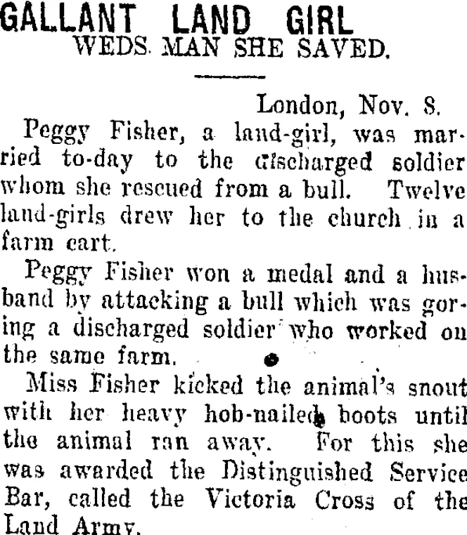 GALLANT LAND GIRL. (Taranaki Daily News 25-11-1919)