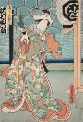 Actors Sawamura Tanosuke III as Koshimoto Okaru, Bandō Hikosaburō V as Hayano Kanpei, and Nakamura Gantarō as Sagisaka Bannai