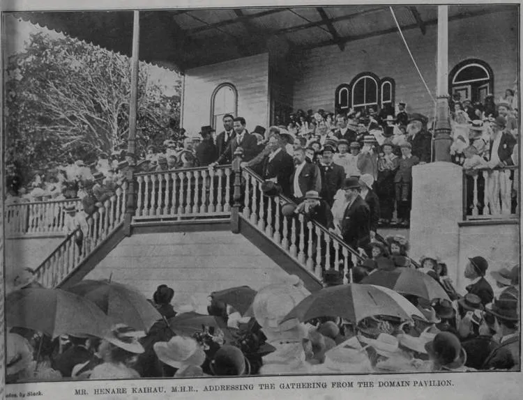 Mr. Henare Kaihau M.H.R. addressing the gathering from the Domain Pavilion