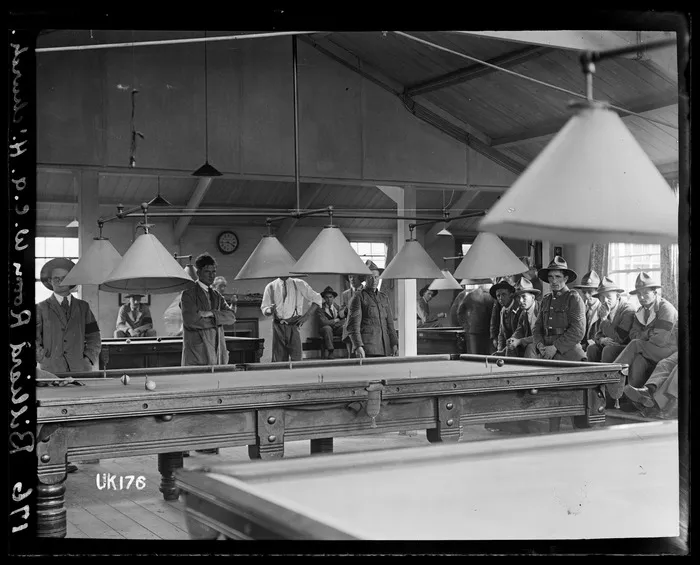 The billiard room in the YMCA hut at Grey Towers, the New Zealand Convalescent Hospital in Hornchurch, England