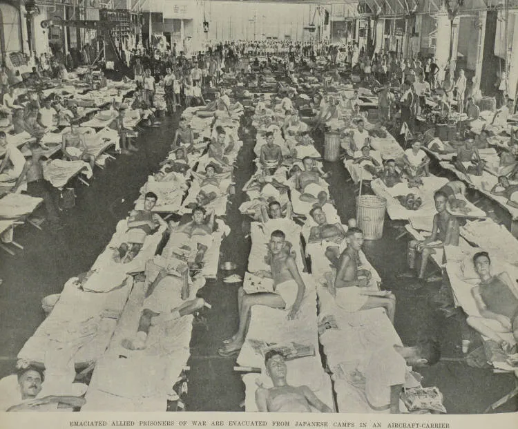 Emaciated Allied prisoners of war are evacuated from Japanese camps in an aircraft-carrier