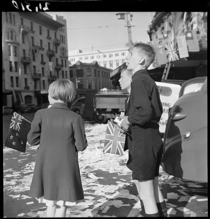 Children during VE day celebrations, Lambton Quay, Wellington