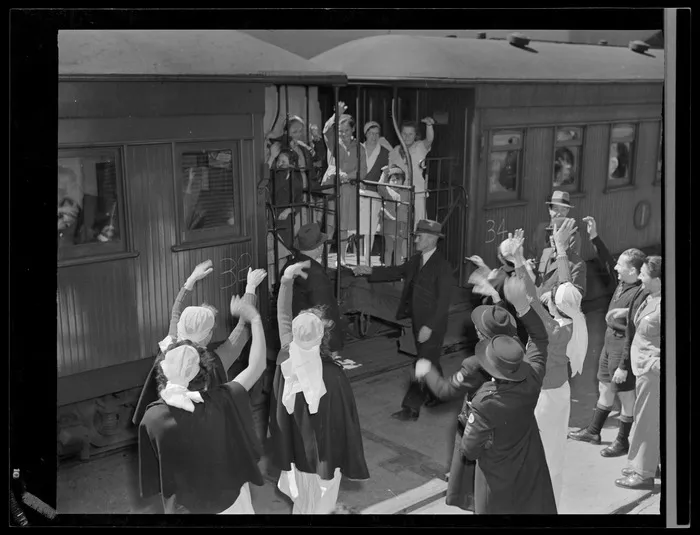 Polish refugees departing Wellington on a train bound for Pahiatua