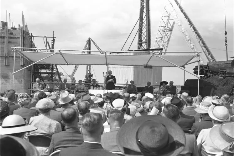 Unveiling the foundation stone for the Auckland Harbour Bridge, Westhaven, 1956