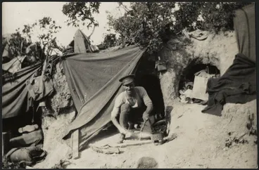 Image: Soldier by his dug out, Gallipoli Peninsula, Turkey, during World War I