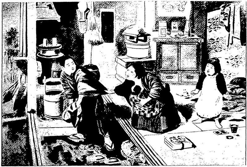 THE DELICACY OF JAPANESE CHARITY TOWARDS THE FAMILIES OF MEN AT THE FRONT:  [ * THE UNKNOWN, BENEFACTOR.  Charity is very unobtrusively distributed in Japan. Following the usual custom, the visitor shown in the sketch has called at the house of a soldier Ordered to the front, and has thrown in coins to tlie va'ue of ten shillings. When questioned, such a benefactor merely says: "This is by my master's wish," and hastens away. (Otago Witness, 03 August 1904)