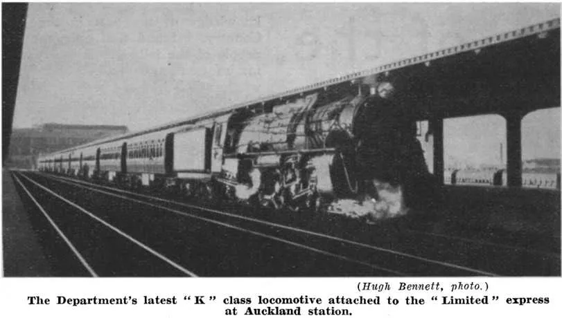 (Hugh Bennett, photo.) — The Department's latest “K” class locomotive attached to the “Limited” express at Auckland station